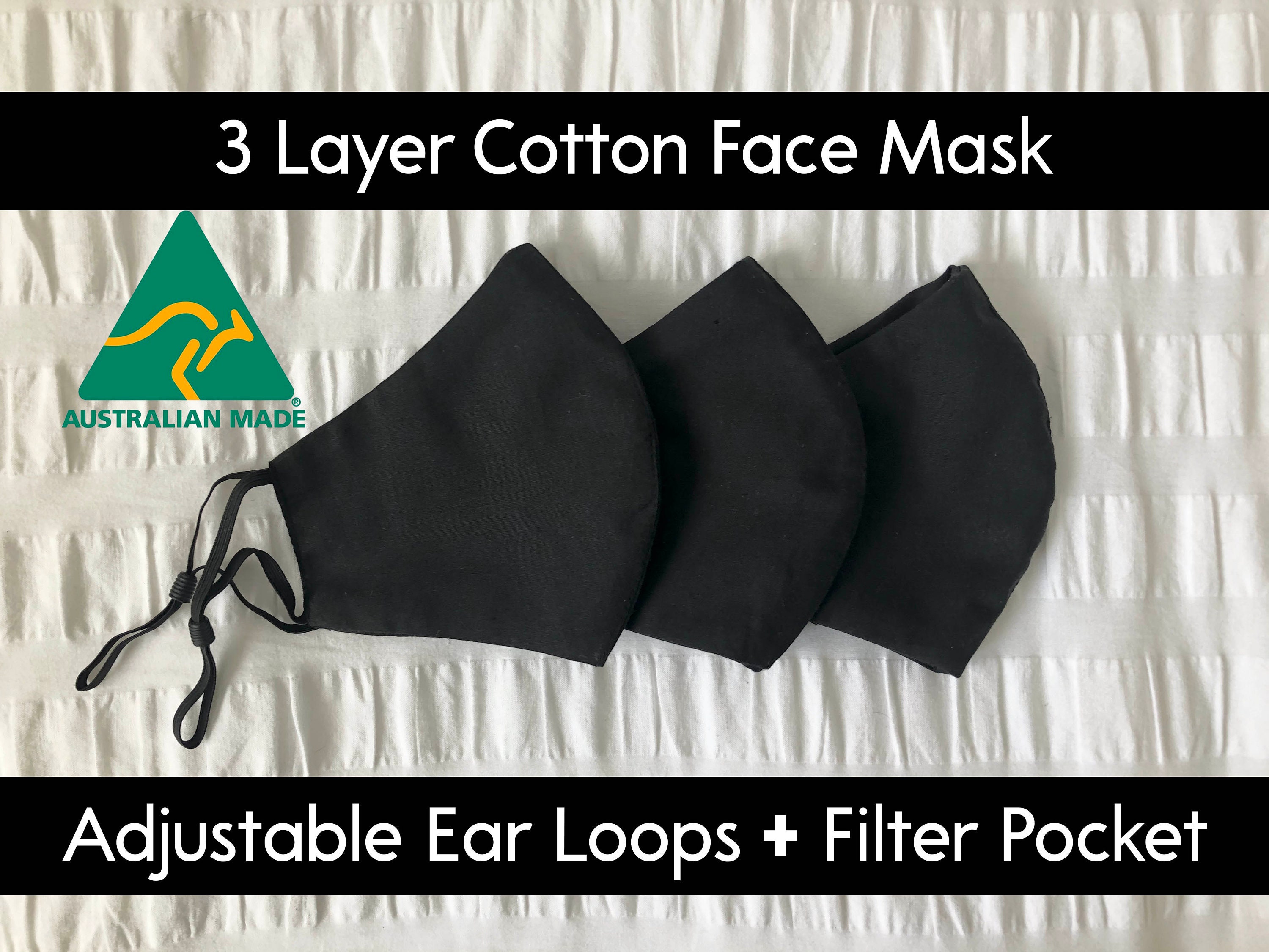 Black Cotton Face Mask Australian Handmade With Adjustable Ear Loops 3
