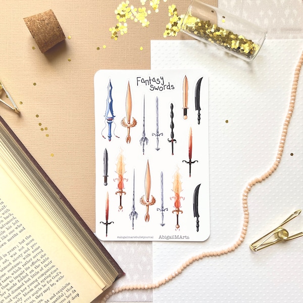 Fantasy Swords Matte Bullet Journal Sticker Sheet | Bujo | Fiction | Bookish | Booktok | Planner | Bookish | Bookstagram | Fandom | Hero