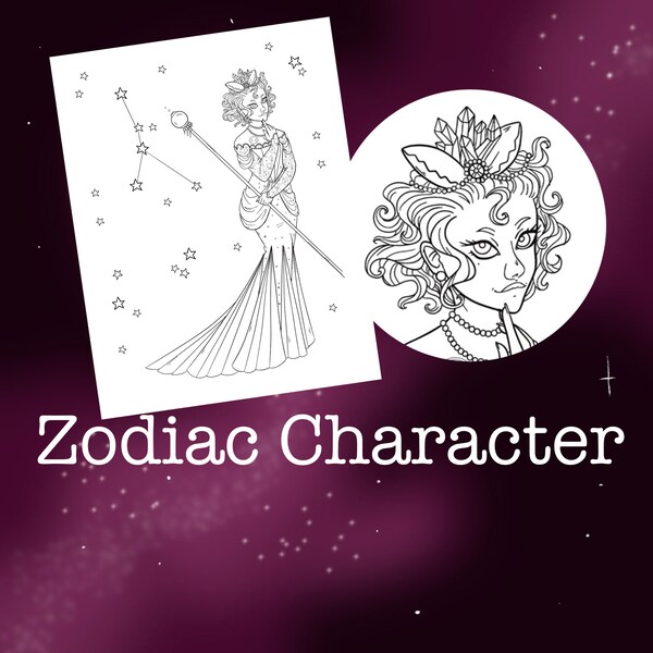 Cancer Zodiac Sign Coloring Page | Cute | Digital Download | Celestial | Character | Woman | Girl | Fantasy | Stars |