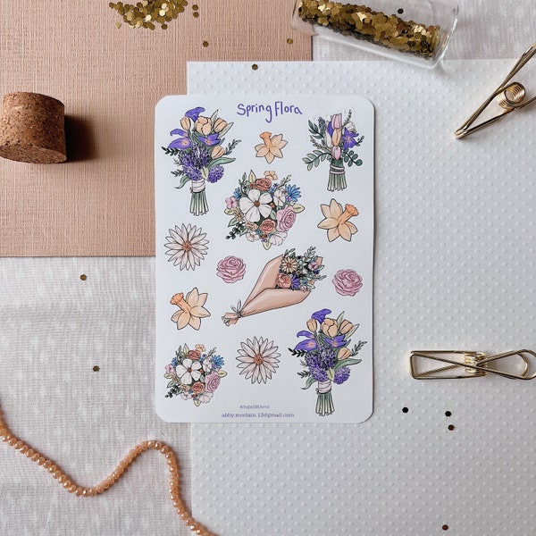 Spring Flora Themed Bullet Journal Sticker Sheet | Matte | Flowers | Planner | Tulip | Rose | Hydrangea | Buttercup | Bouquet | Cute