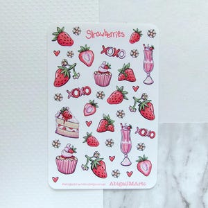 Strawberry and Dessert Themed Matte Bullet Journal Sticker Sheet | Strawberries | Planner | Stickers | Cute | Bujo