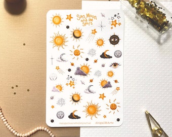 Sun, Moon, and the Stars Themed Matte Bullet Journal Sticker Sheet | Witchy | BUJO | Planner | Astrology | Witchy | Cute