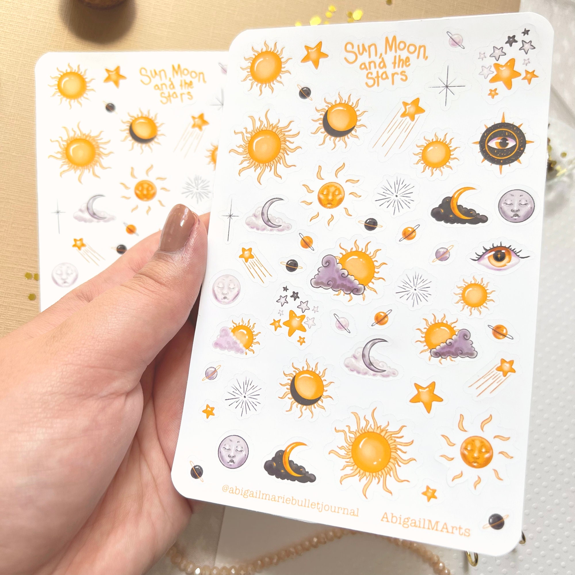 Sun Moon and Stars Sticker Sheet, Set of Small Metallic Gold Vinyl Decals,  Celestial Theme Stickers for Envelopes, Journals and Place Cards 