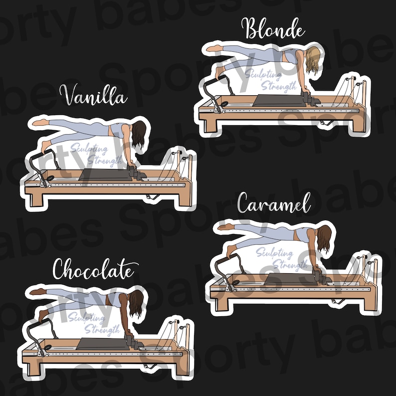 May include: Four sticker designs featuring a person doing a pilates exercise on a reformer. The stickers are white with black outlines and feature the words "Blonde", "Vanilla", "Chocolate", and "Caramel" in a purple font. Each sticker also includes the text "Sculpting Strength" in a smaller purple font.