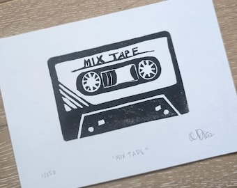 Original Art Print - Mix Tape - Linocut Print - 5x7 inches - Limited Edition 250 - Block Printing