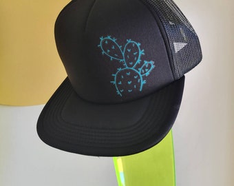 Black Trucker Hat with Teal Cactus