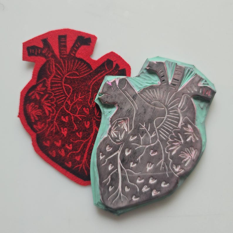 Custom Anatomical Heart Patch – Hand Stamped Linoprint, Upcycled Fabric ...