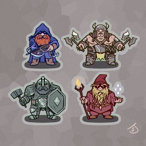 May include: Four cartoon illustrations of dwarves, each with a different profession. The first dwarf is wearing a blue hooded cloak and holding a crossbow. The second dwarf is wearing a horned helmet and holding two axes. The third dwarf is wearing armor and holding a hammer and shield. The fourth dwarf is wearing a red pointed hat and holding a staff with a glowing orb at the top.