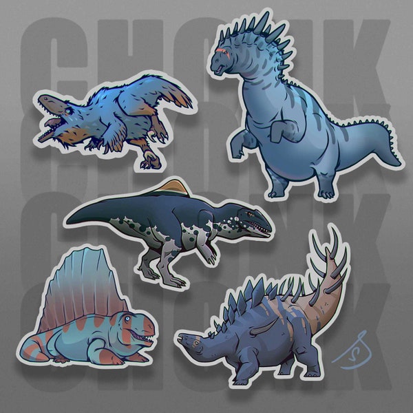 Custom Chonker Stickers - BlueFin Dinosaurs and Synapsid, Deinonychus, Concaventor, Amargasaurus, Kentrosaurus, Dimetrodon
