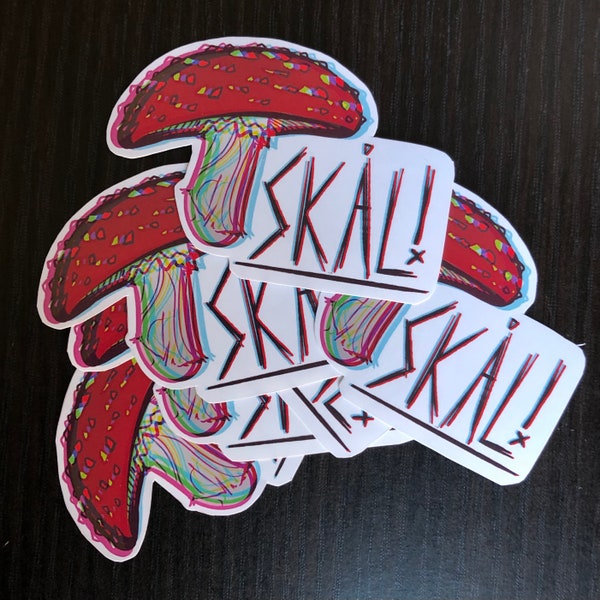 Norse Themed Skal Stickers, Viking Trippy Magic Mushroom, Original Art Dye Cut Stickers