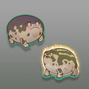 Puede incluir: Dos ilustraciones de dibujos animados de una rana redonda y marrón con manchas negras. La rana de arriba está mirando hacia arriba con una expresión ligeramente molesta. La rana de abajo está mirando hacia arriba con una expresión sorprendida y está rodeada por un halo brillante.