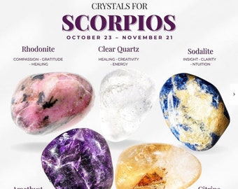 Pode incluir: Uma coleção de seis cristais polidos, incluindo ametista, citrino, quartzo transparente, rodonita e sodalita. Os cristais estão dispostos em um círculo sobre um fundo branco. O texto "Awakenings Crystals for Scorpios October 23 - November 21" é exibido acima dos cristais.