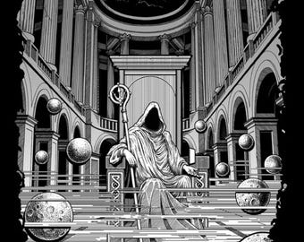 Peut inclure: Illustration en noir et blanc d'une figure vêtue d'une robe assise sur un trône, tenant un bâton, dans un cadre architectural classique. Des sphères flottent dans l'air. Les mots "MYSTERIES TAROT" sont en bas.