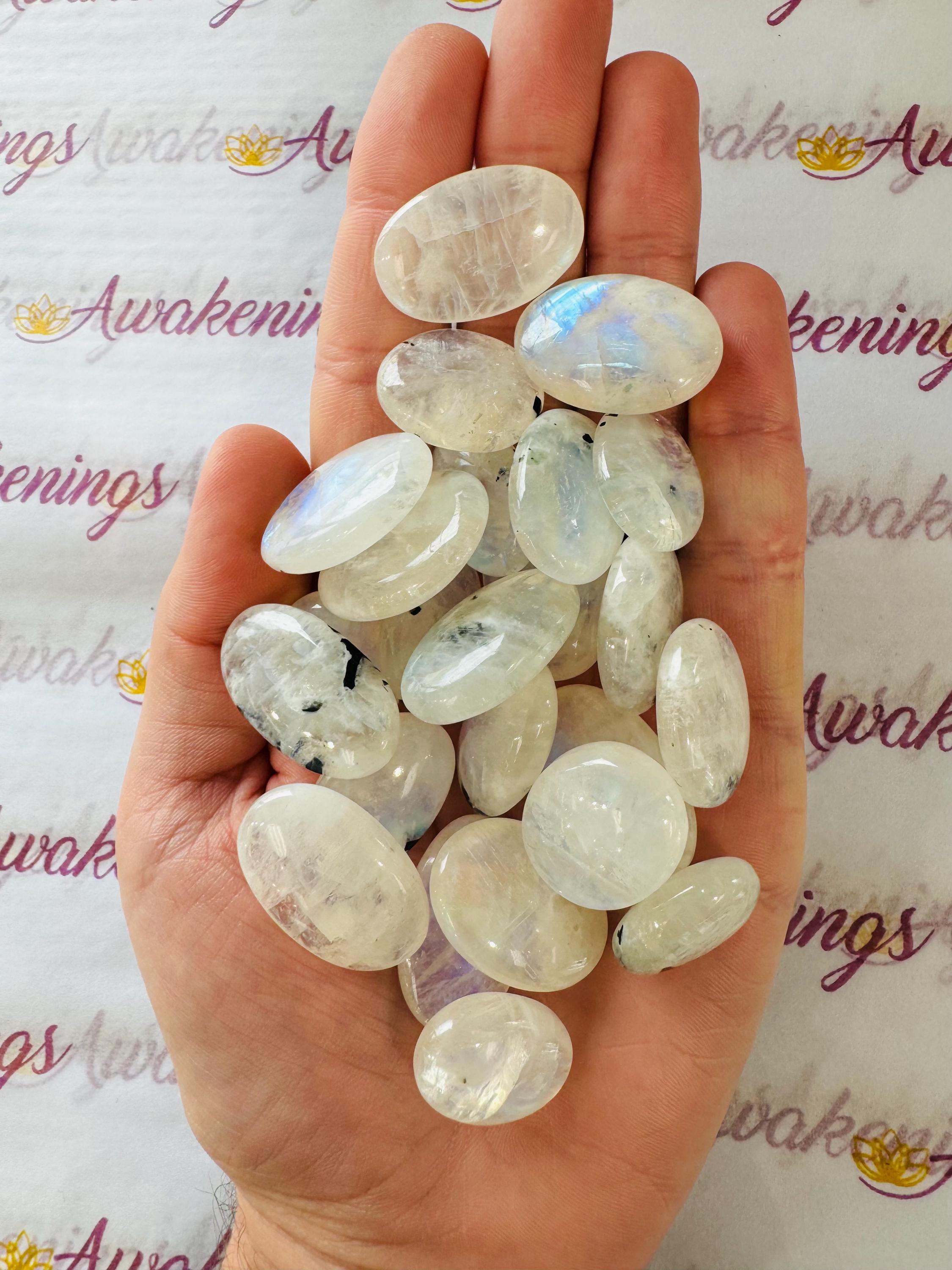 AAA+ Grade Rainbow Moonstone Palm Stone – Natural Tumbled Crystal, India, Bulk Wholesale