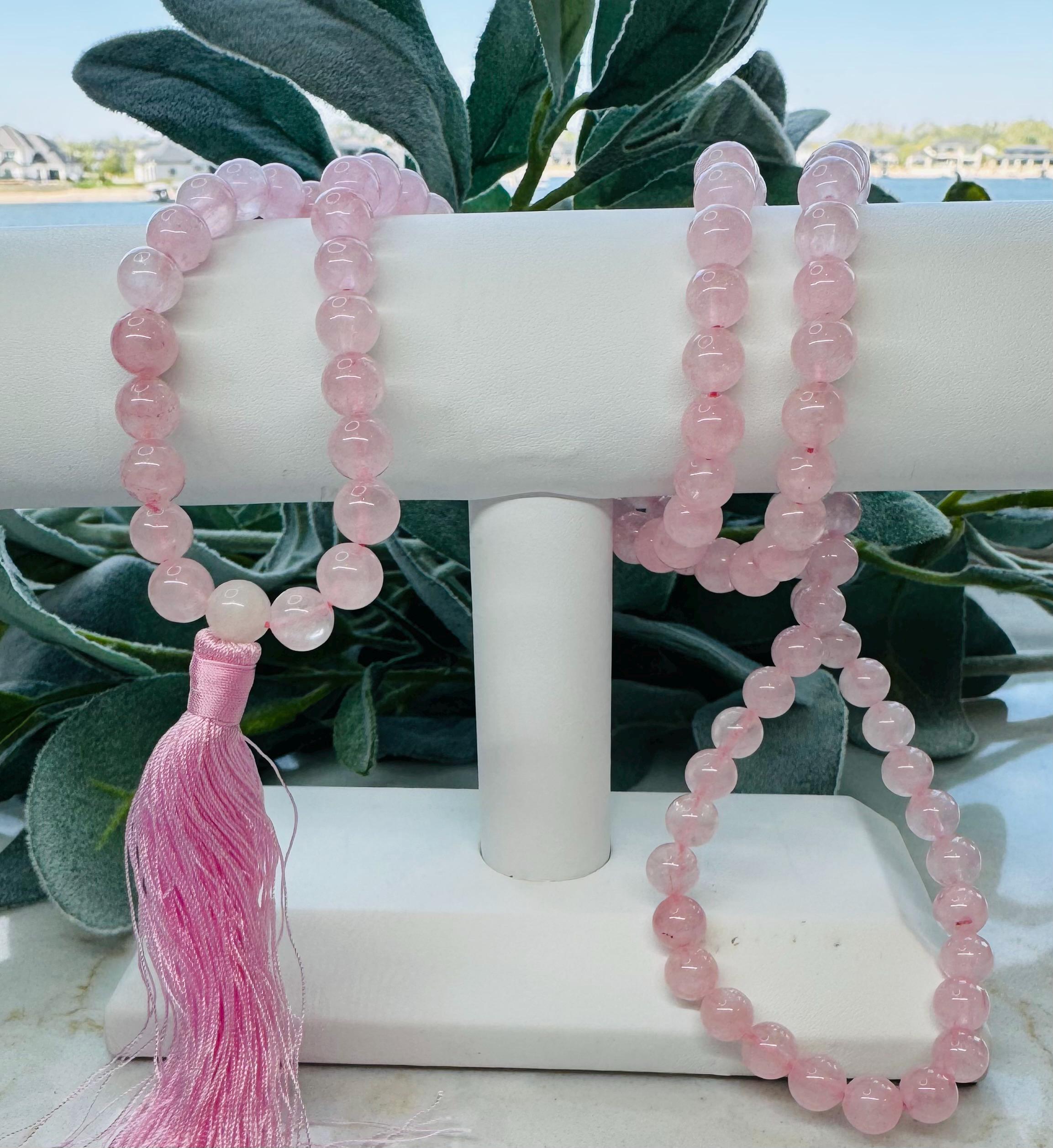Tibetan Buddhist 108 Bead Mala Necklace – Natural Pink Rose Quartz, Round Gemstone, Handmade