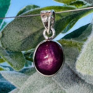 May include: A silver pendant with a large, oval, deep purple gemstone. The gemstone has a star-like effect. The pendant is suspended on a thin silver chain, set against a backdrop of green foliage.