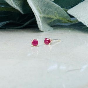May include: A pair of small stud earrings featuring round, vibrant red gemstones. The earrings are set in a silver-colored metal, with the gemstones prominently displayed. The background is a soft, blurred mix of white and green.