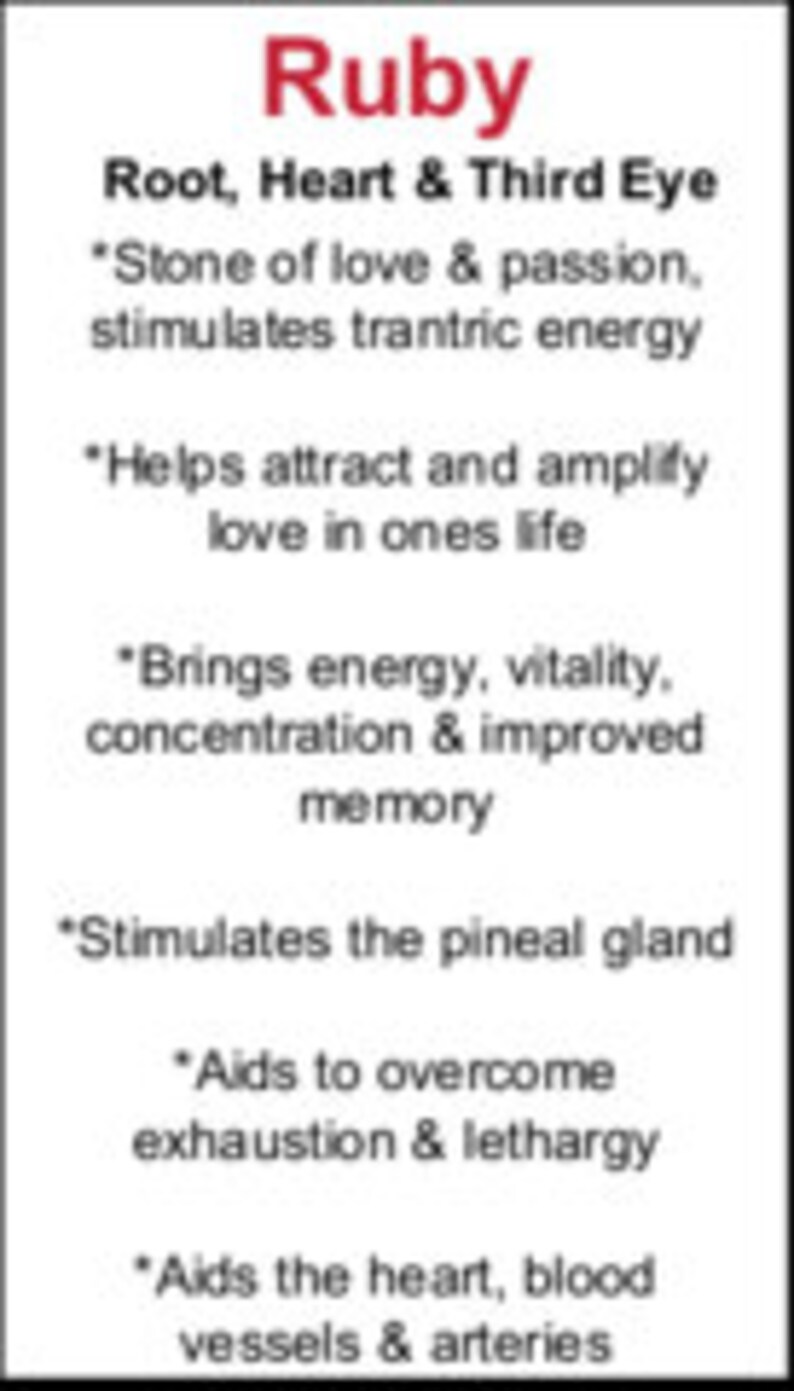 May include: Ruby gemstone, a red crystal associated with love, passion, and energy. It is believed to stimulate the root, heart, and third eye chakras. The text describes its benefits, including attracting love, boosting energy, improving concentration, and aiding the heart.