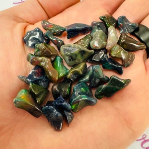 Peut inclure: Une collection de petites plaquettes d'opale noire irisée dans différentes nuances de vert, bleu et rouge. Les plaquettes sont de forme irrégulière et ont une finition brillante.