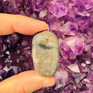 Puede incluir: Una piedra lisa de forma ovalada, de color gris con un patrón blanco y negro. La piedra está siendo sostenida por un dedo contra un fondo de cristales de amatista púrpura.