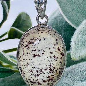 May include: Oval pendant with a speckled cream-colored stone set in a silver-tone metal frame. The stone has dark brown spots. The pendant is suspended from a silver-tone bail. The background is blurred green foliage.
