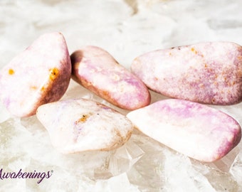 May include: Five tumbled stones of pink and white sugilite, a variety of the mineral, with a smooth, polished finish. The stones are arranged on a white background.