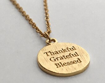 Dainty Gold Necklace, Thankful Grateful Blessed Necklace, Gratitude Jewellery, Gold Engraved Necklace, Tiny Gold Necklace,Gratitude Necklace