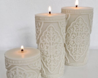 Decorative pillar candle gift, ornate candle, baroque candle, soy & beeswax blend candle, embossed candle, wedding candles, victorian candle