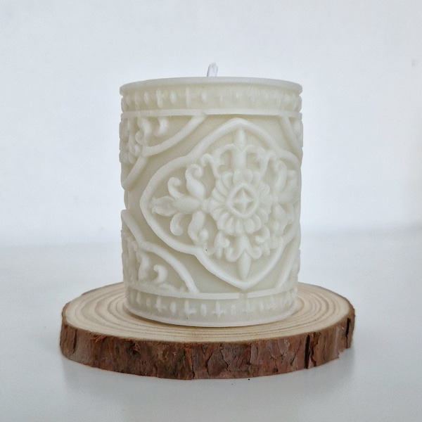 Ornate Pillar Candles with Rustic Wooden Holders , Decorative Pillar Candle Gift, Embossed Baroque Candle, Wedding Candles, Victorian Candle