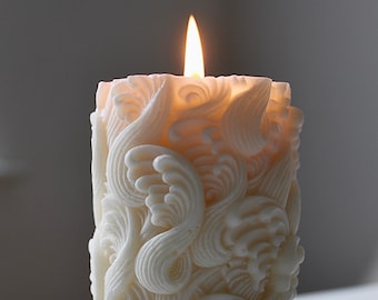 Angelic Design Pillar Candle, Unscented Soy & Beeswax Candle, Decorative Pillar Candle and Holder Gift, Unique Pillar Candle,Embossed Candle