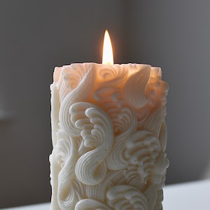 Angelic Design Pillar Candle, Unscented Soy & Beeswax Candle, Decorative Pillar Candle and Holder Gift, Unique Pillar Candle,Embossed Candle