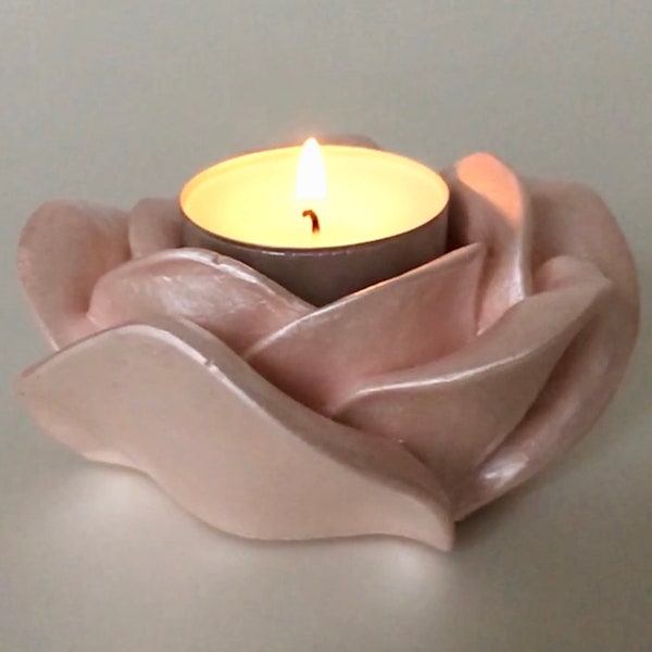 Handmade pink rose tealight holder, rose candle holder, pastel pink home decor, dusty pink rose, valentines tealight holder, romantic decor