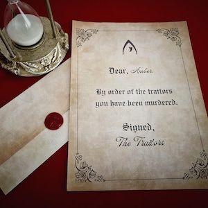 Carta personalizada para traidores, carta de asesinato para traidores con nombre personalizado, carta rústica sellada con cera para traidores, accesorio o regalo para fiestas.