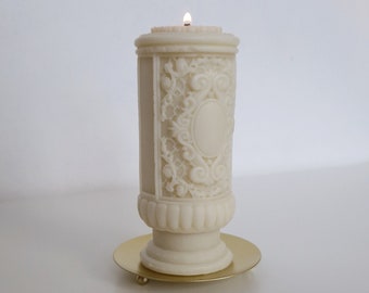 Victorian Style Vintage Ornate Candle, Unscented Soy & Beeswax Candle, Decorative Pillar Candle and Holder Gift, Regal Baroque Design Candle