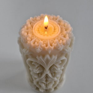 Small Victorian Style Ornate Pillar Candle, Intricate Design Soy and Beeswax Blend Candle, Wedding Candle, Decorative Candle + Holder Gift