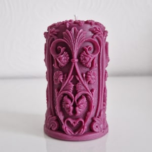 Small Purple Victorian Style Ornate Candle, Gothic Candle, Purple Baroque Candle, Victorian Pillar Candle,Floral Design Ornate Pillar Candle