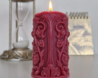 Burgundy Pillar Candle, Small Victorian Style Ornate Candle, Soy and Beeswax Blend Candle, Fairytale Candle, Red Gothic Candle & Holder