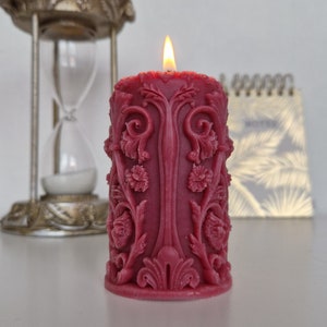 Burgundy Pillar Candle, Small Victorian Style Ornate Candle, Soy and Beeswax Blend Candle, Romantic Fairytale Candle, Red Gothic Candle