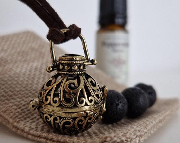 Aromatherapy cage design necklace, essential oil necklace, lava bead necklace, essential oil diffuser pendant, golden aromatherapy pendant