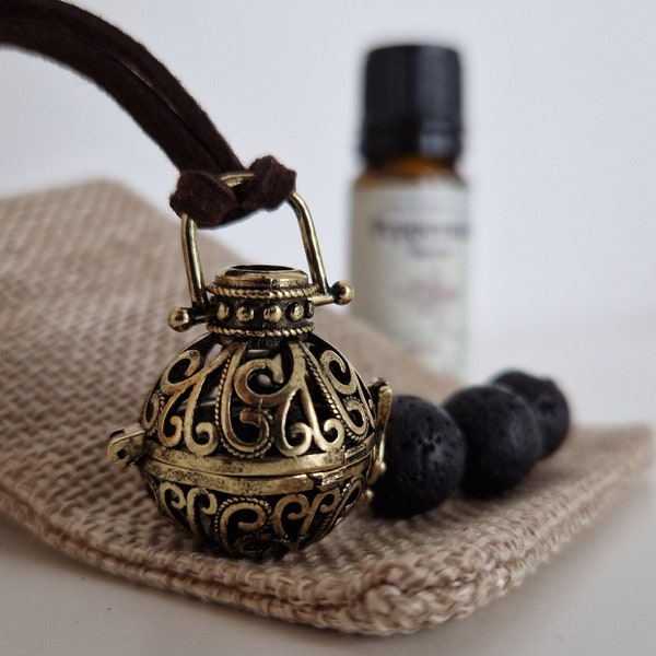 Aromatherapy cage design necklace, essential oil necklace, lava bead necklace, essential oil diffuser pendant, bronze detailed pendant