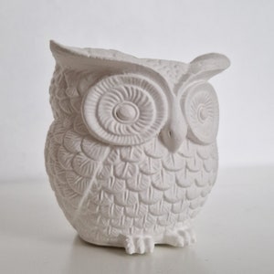 Puede incluir: Una figura de búho de cerámica blanca con diseños detallados de plumas y ojos. El búho tiene una superficie texturizada y está en posición sentada. Esta figura decorativa es adecuada para la decoración del hogar.
