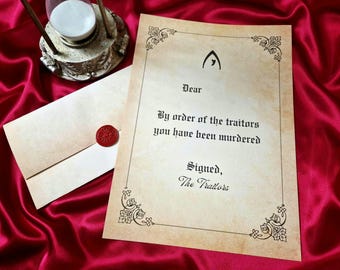Personalized Traitors Letter, Custom Name Traitors Murder Letter, Rustic Wax-Sealed Traitors Murder Letter, Fun Party Game Prop or Gift