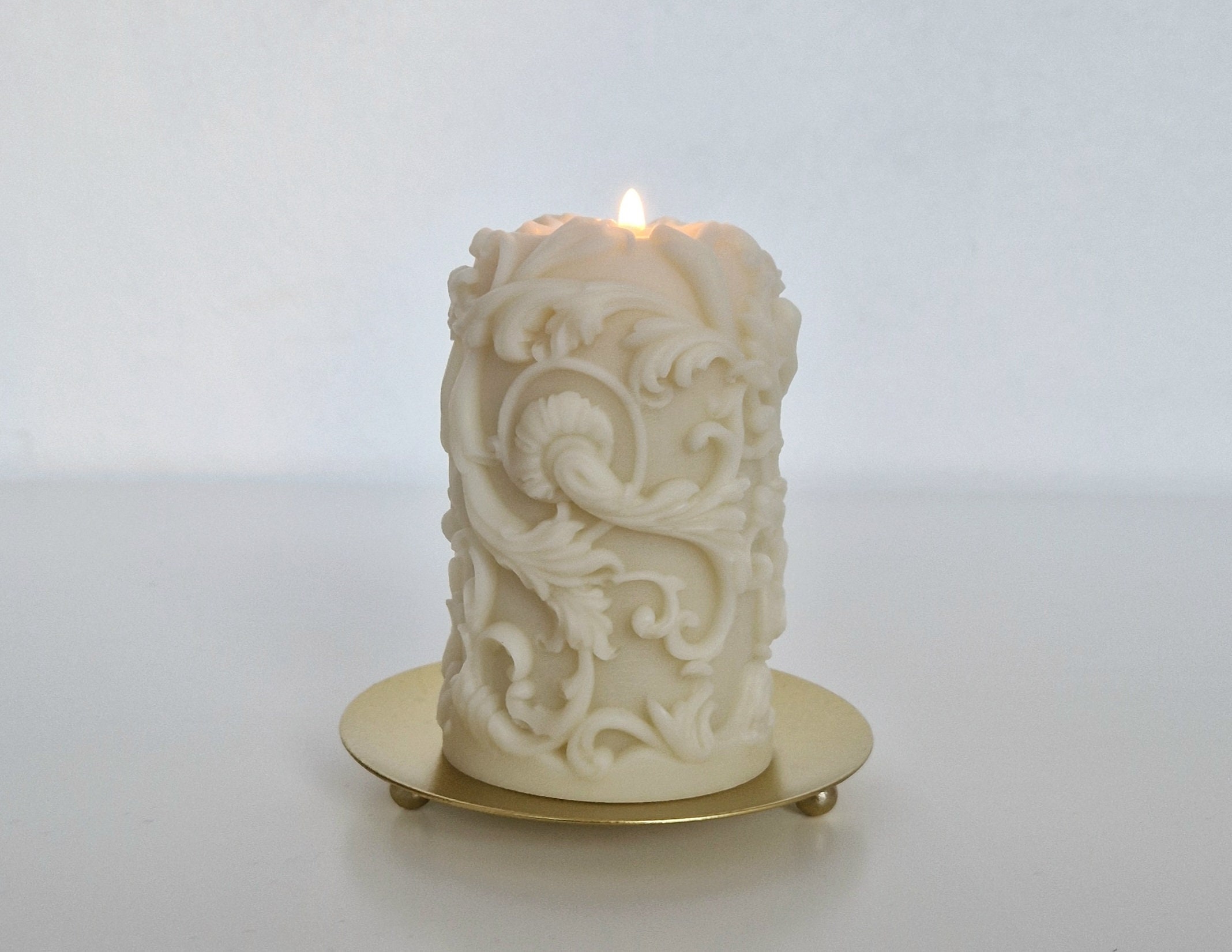 Small Intricate Design Baroque Pillar Candle, Soy & Beeswax Ornate Candle, Victotian Candle, Wedding Candle, Decorative Candle + Holder Gift