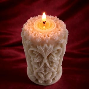 Small Victorian Style Ornate Pillar Candle, Intricate Design Soy and Beeswax Blend Candle, Wedding Candle, Decorative Candle + Holder Gift