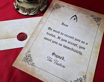 Carta personalizada para traidores, carta de reclutamiento de traidores con nombre personalizado, carta rústica para traidores sellada con cera, accesorio divertido para juegos de fiesta/regalo