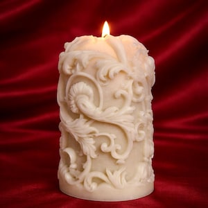 Small Intricate Design Baroque Pillar Candle, Soy & Beeswax Ornate Candle, Victotian Candle, Wedding Candle, Decorative Candle + Holder Gift