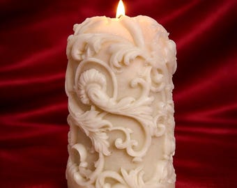 Small Intricate Design Baroque Pillar Candle, Soy & Beeswax Ornate Candle, Victotian Candle, Wedding Candle, Decorative Candle + Holder Gift