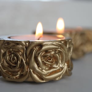 Handmade bright gold rose detail tealight holders, golden rose tealight holders, tealight holder gift set, gold accents, gold home decor