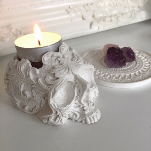 Handmade Small White Skull Tealight Holder, Gothic Skull Accent, Intricate Gothic Home Decor, Gothic Wedding Accent, Halloween Skull Decor