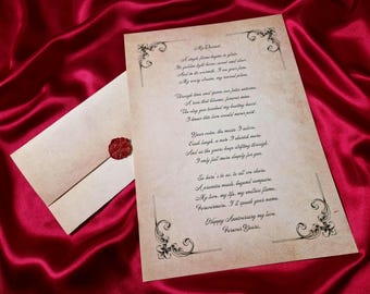 ヴィンテージワックスシールのラブレター、カスタムロマンチックな結婚誓約書、パーソナライズされた詩のギフト、カスタム記念日ギフト、バレンタインデーギフト